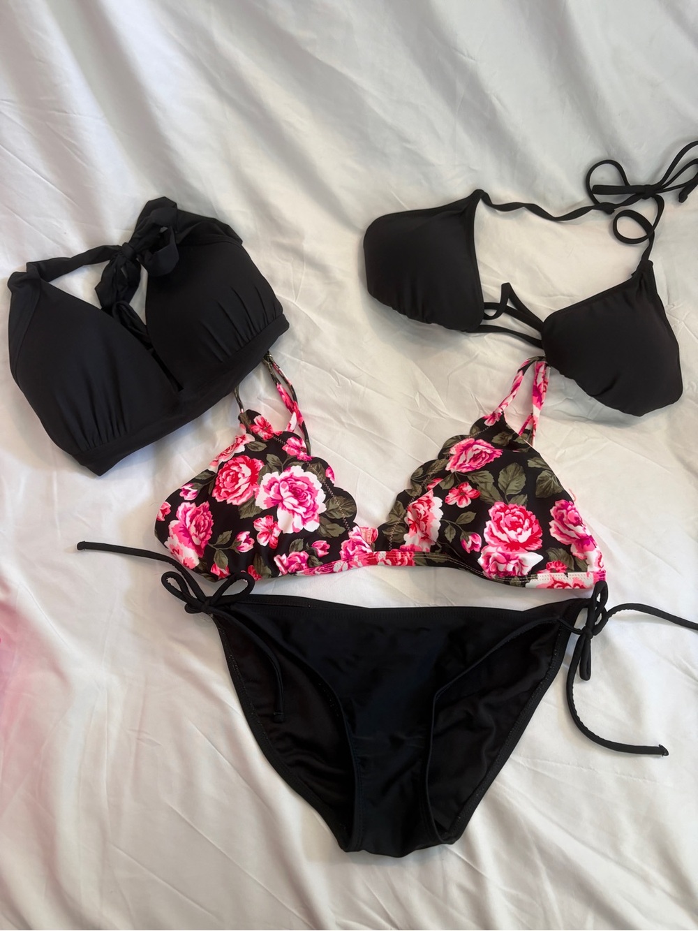 Mix & Match Black Bikini Set with Pink Floral Top & 2 bonus black tops